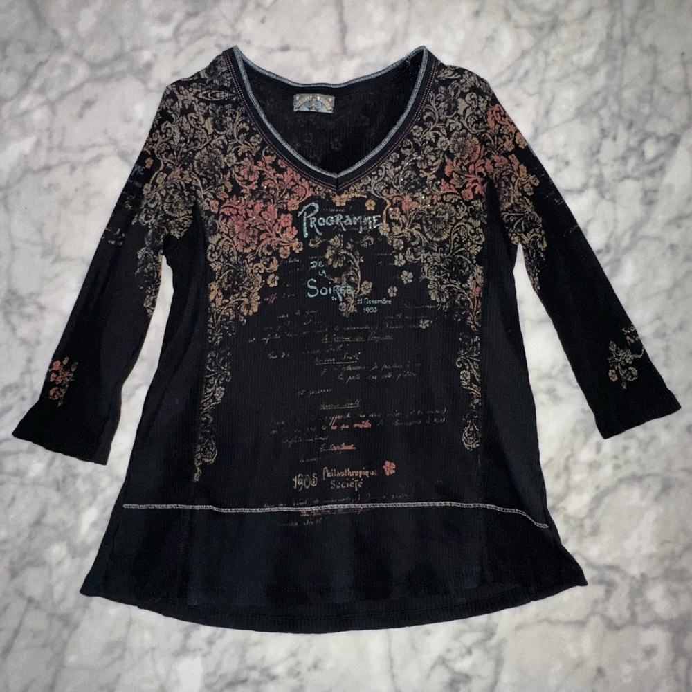 Vanilla Sugar Black Floral Script V-Neck Long Sleeve Top Y2K